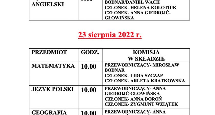 Harmonogram egzaminów poprawkowych 22-23 sierpnia 2022 r.